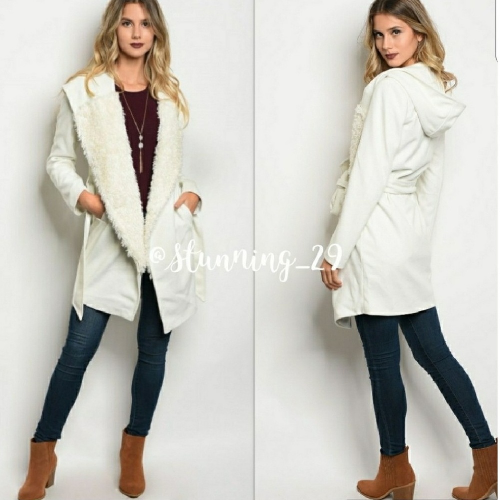 🆕️WHITE FAUX FUR SHEARLING LAPEL POCKET COAT